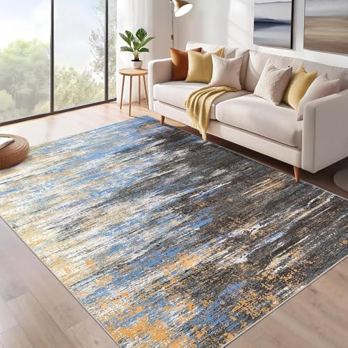 GAOMON Waschbare Teppiche für Wohnzimmer, rutschfest, modern, abstrakt, für Schlafzimmer, niedriger Flor, schmutzabweisend, zeitgenössisch, weich, groß, faltbar, für den Innenbereich, Blaubraun GAOMON Waschbare Teppiche für Wohnzimmer, rutschfest, modern, abstrakt, für Schlafzimmer, niedriger Flor, schmutzabweisend, zeitgenössisch, weich, groß, faltbar, für den Innenbereich, Blaubraun von GAOMON