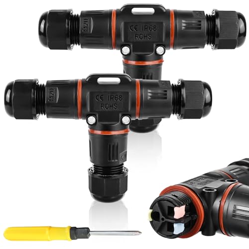 3-polig Kabelverbinder Wasserdicht IP68, T-Form Kabelverbinder Wasserdicht 3-polig Erdkabel Verbindungsmuffe für Ø3-12 mm Kabeldurchmesser, 2 Wege Wasserdichte Abzweigdose für Garten,Outdoor (2 Stück) von GAOUTO