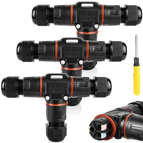 3-polig Kabelverbinder Wasserdicht IP68, T-Form Kabelverbinder Wasserdicht 3-polig Erdkabel Verbindungsmuffe für Ø3-12 mm Kabeldurchmesser, 2 Wege Wasserdichte Abzweigdose für Garten, Outdoor (3) von GAOUTO