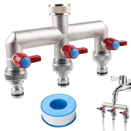3-Wege Wasserhahn Wasserverteiler: Garten Wasserverteiler aus Messing für 3 Gartenschlauch Adapter, 3er Verteiler 3/4" Adapter 1/2" mit Kugelhahn zum Einstellen Absperren Wasserflusses von GAOUTO
