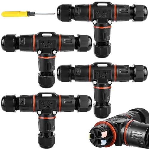3-polig Kabelverbinder Wasserdicht IP68, T-Form Kabelverbinder Wasserdicht 3-polig Erdkabel Verbindungsmuffe für Ø3-12 mm Kabeldurchmesser, 2 Wege Wasserdichte Abzweigdose für Garten,Outdoor (4 Stück) von GAOUTO