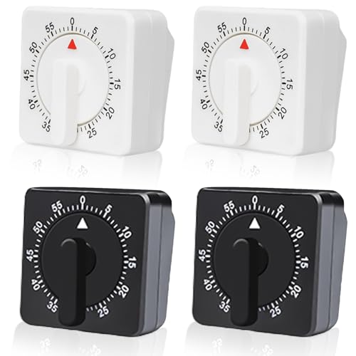 4 Stück Mechanisch Küchentimer: 60 Minuten Eieruhr mit Lauter Alarm, Kurzzeitmesser Mechanisch Küchenuhr, Countdown Timer Küchenwecker Timer für Kochen, Sport, Studieren (Weiß, Schwarz) von GAOUTO