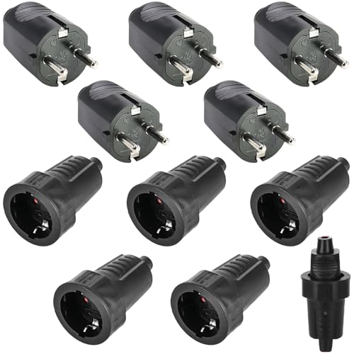 5 x Schuko Stecker Kupplung Außenbereich: 250V 16A IP54 Schutzkontakt Stecker, Gummistecker Kupplung Set mit Knickschutz, 2-polig, Aussen Wasserdicht Schukostecker für Außenbereich, Schwarz von GAOUTO