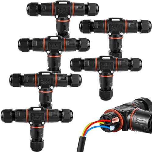 3-polig Kabelverbinder Wasserdicht IP68, T-Form Kabelverbinder Wasserdicht 3-polig Erdkabel Verbindungsmuffe für Ø3-12 mm Kabeldurchmesser, 2 Wege Wasserdichte Abzweigdose für Garten, Outdoor (6) von GAOUTO