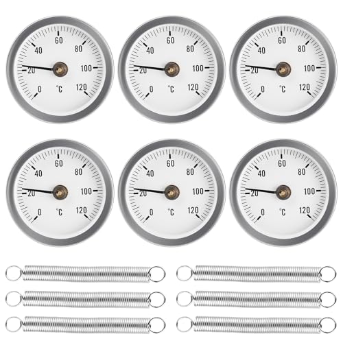 6 Stück Anlegethermometer, 63 mm 0-120 °C Anlegethermometer Heizungsrohr mit Clip-On Feder, Bimetall Anlegethermometer Thermometer, Kaminofen Rohr Thermometer für Heizanlagen und Kessel von GAOUTO