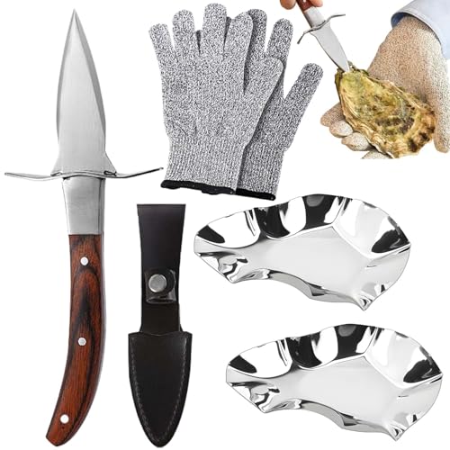 Austernmesser Set, 1 stücke Holzgriff Austernöffner mit 1 Paar Schutzhandschuhen der Stufe 5 (L) und 2 stücke Austernschale aus Edelstahl, Edelstahl Austernmesser für Schalentiere oder Hartkäse von GAOUTO