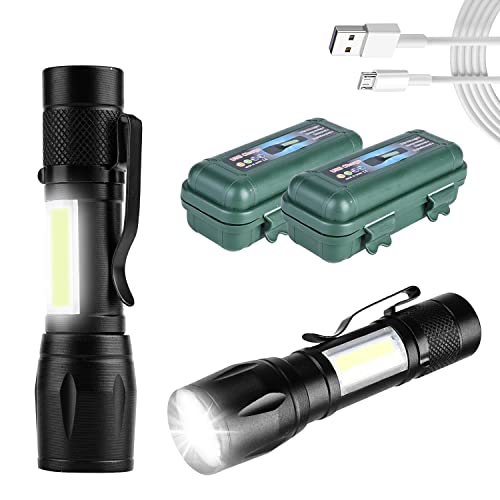 GAOUTO 2 Stück Taschenlampe, 2000 Lumen 3 Modi Taschenlampe LED Aufladbar mit Extrem Hell COB Seitenlicht, Tragbar Wasserdicht Mini Aluminium Taschenlampes LED für Kinder Outdoor Camping Notfall von GAOUTO