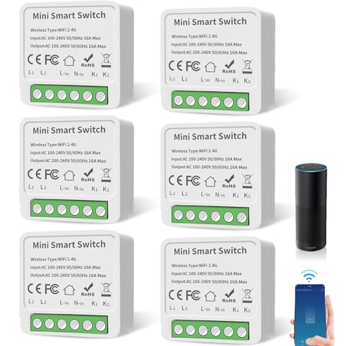 GAOUTO 6 Stück Smart Lichtschalter Modul, Mini DIY WLAN Schalter 2 Wege, Smart Home Lichtschalter, Kompatibel mit Alexa und Google Assistant, Smart Life Schalter, Neutralleiter Erforderlich von GAOUTO