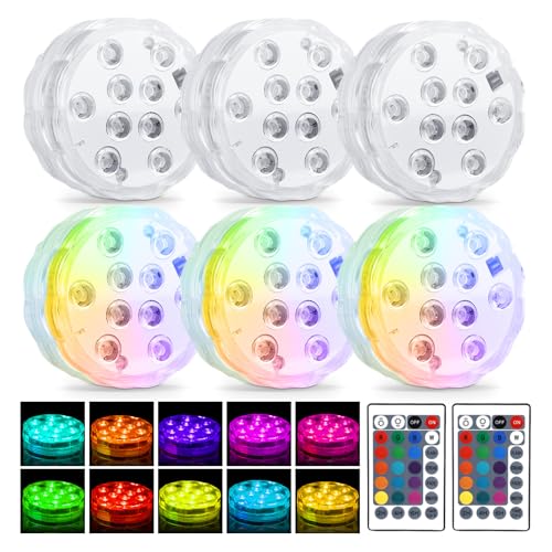 GAOUTO 6 Stück Unterwasser LED Licht mit Fernbedienung, Wasserdicht Farbwechsel Unterwasserbeleuchtung, RGB Multi Farbwechsel Unterwasserlicht für Aquarium,Teich, Hochzeit, Floral, Vase Base von GAOUTO
