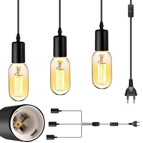 Pendelleuchte 3-flammig, Einstellbar Hängelampe mit Stecker 4.8M, DIY Lampenfassung mit Kabel, E27 Lampenfassung für Esszimmer, Küche, Wohnzimmer, Flur, Treppe und Schlafzimmer(Schwarz) von GAOUTO