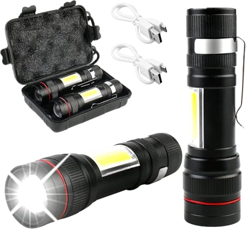 Taschenlampe LED,2 Stück 2000 Lumen Extrem Hell COB Seitenlicht, Mini Taschenlampe USB Aufladbare Mit Kunststoffbox, 3 Modi, Tragbar IPX5 Wasserdicht für Outdoor Camping Notfall von GAOUTO