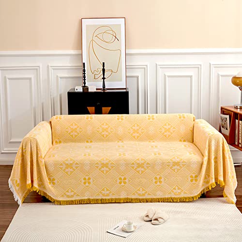 GAOWEI Groß Sofaüberwurf Decke für 3 Sitzer Sofa mit Dekorativen Quasten, Doppelseitige Sofa Cover Couch Überwurf für Sofa und Bett, Rautenmuster mit Blättern und Blumen - Gelb, 180 x 300 cm von GAOWEI