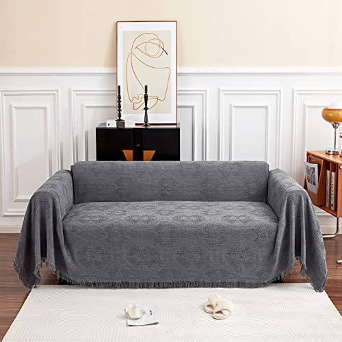 GAOWEI Groß Sofaüberwurf Decke für 3 Sitzer Sofa mit Dekorativen Quasten, Doppelseitige Sofa Cover Couch Überwurf für Sofa und Bett, Rautenmuster mit Blättern und Blumen - Grau, 180 x 300 cm von GAOWEI