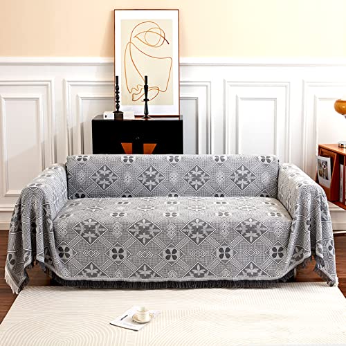 GAOWEI Groß Sofaüberwurf Decke für 3 Sitzer Sofa mit Dekorativen Quasten, Doppelseitige Sofa Cover Couch Überwurf für Sofa und Bett, Rautenmuster mit Blättern und Blumen - Hellgrau, 180 x 300 cm von GAOWEI