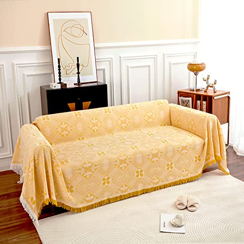 GAOWEI Sofaüberwurf Decke für 2 Sitzer Sofa mit Dekorativen Quasten, Doppelseitige Sofa Cover Couch Überwurf für Sofa und Bett, Rautenmuster mit Blättern und Blumen - Gelb, 180 x 230 cm von GAOWEI