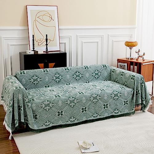 GAOWEI Sofaüberwurf Decke für 2 Sitzer Sofa mit Dekorativen Quasten, Doppelseitige Sofa Cover Couch Überwurf für Sofa und Bett, Rautenmuster mit Blättern und Blumen - Grün, 180 x 230 cm von GAOWEI