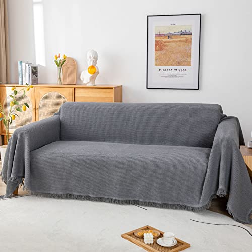 Sofa überwurfdecke Waffel Tagesdecke mit Quasten,Premium Wendedecke als Bettüberwurf Sofaüberwurf Couchdecke oder Wohnzimmerdecke 3 Sitze 180 x 300cm Grau von GAOWEI