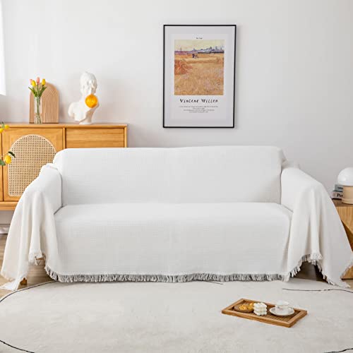 Sofa überwurfdecke Waffel Tagesdecke mit Quasten,Premium Wendedecke als Bettüberwurf Sofaüberwurf Couchdecke oder Wohnzimmerdecke Groß180 x 230cm Weiß von GAOWEI