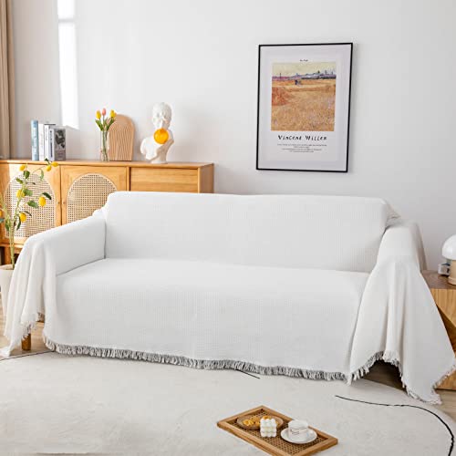 Sofa überwurfdecke Waffel Tagesdecke mit Quasten,Premium Wendedecke als Bettüberwurf Sofaüberwurf Couchdecke oder Wohnzimmerdecke extra-groß180 x 300cm Weiß von GAOWEI