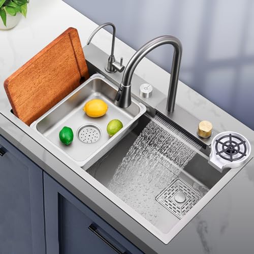 GAOXIONG Küchenspüle 304 Edelstahl Nano Raindance Wasserfallspüle Haushaltsspüle Gemüsespüle Einzelspüle Arbeitsplatz Küchenspüle mit ausziehbarem Wasserhahn (Farbe: Silber, Größe: 80 x 45 x 22 cm) von GAOXIONG