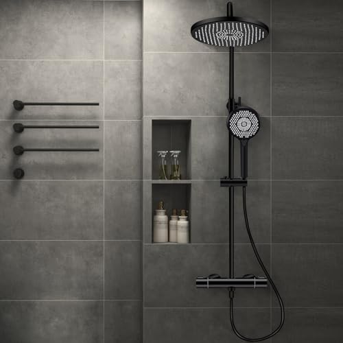 Duschsystem mit Thermostat,Regendusche mit Armatur Duscharmatur Set mit Regendusche Duschen Komplette Dusch Anti Verbrühungs Duschset Schwarz von GAOZHI