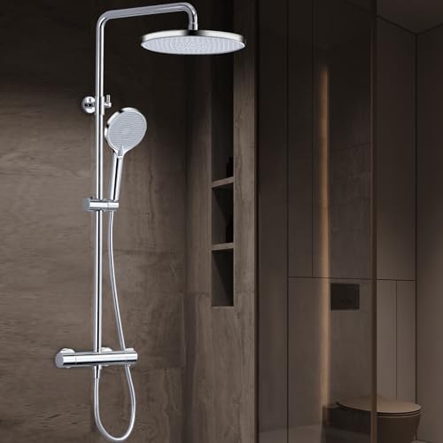 Duschsystem mit Thermostat,Regendusche mit Armatur Duscharmatur Set mit Regendusche Duschen Komplette Dusch Anti Verbrühungs Duschset Chrom von GAOZHI