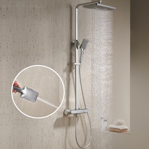 GAOZHI Duschsystem mit Thermostat,Duschsäule mit Armatur Rainshower Duschsystem Duscharmatur Regendusche Duschkopf mit Schlauch und duschkopf hochdruck| Duschkopf 30x20cm,Duschstange 90-120cm Eckig von GAOZHI