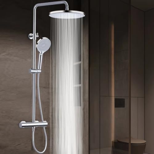 GAOZHI Duschsystem mit Thermostat Duscharmatur Komplettset mit 23cm Rund Regendusche Duschkopf, 3 Strahlarten Duschkopf, 75-105 cm Höhenverstellbar Regendusche mit Armatur Duschset Chrom von GAOZHI