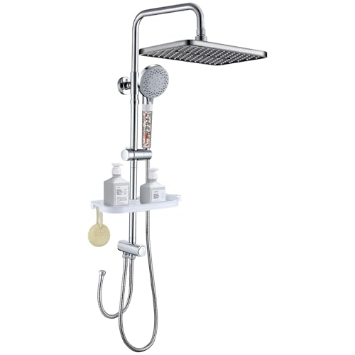 GAOZHI Regendusche Duschkopf 28x18cm Eckig Regendusche ohne Armatur mit 5 Funktions Handbrause Duscharmatur mit Lagerregal Ablage Duschbrause mit Schlauch und Halterung Verstellbares Duschstangeset von GAOZHI