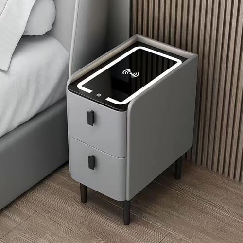 GAOzhenq Intelligenter LED-Nachttisch mit Ladestation, 2 Schubladen, Bluetooth-Audio, Massivholz, kompaktes Design, hellgrau, multifunktionale kleine Schlafzimmermöbel, 35 cm Breite von GAOzhenq