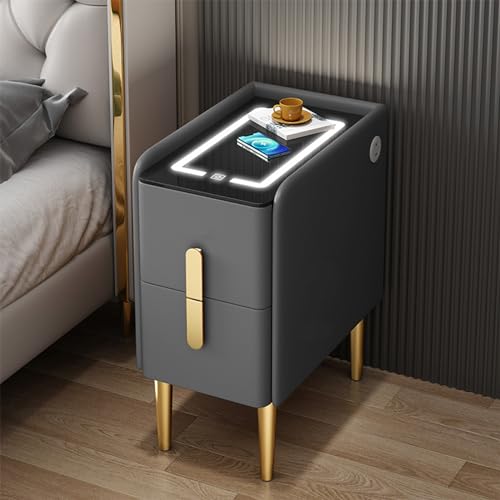 GAOzhenq Intelligenter LED-Nachttisch mit kabelloser Ladestation und USB-Anschlüssen, moderner Nachttisch mit 2 Schubladen für Schlafzimmer und Wohnzimmer, dunkelgrau, kompaktes Design (35 cm) von GAOzhenq