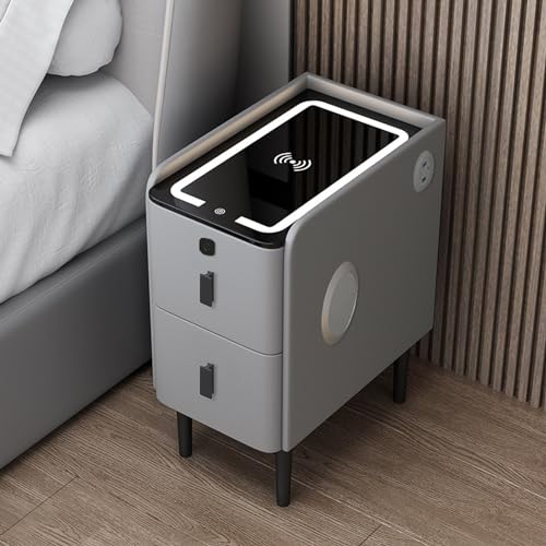 GAOzhenq Intelligenter Nachttisch mit USB-Ladestation, LED-Leuchten, Fingerabdruckschloss und Bluetooth-Lautsprecher – schmaler Nachttisch mit Metallfüßen, hellgraues Finish, kompaktes Design von GAOzhenq