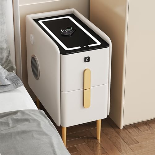 GAOzhenq LED-Nachttisch mit USB- und Typ-C-Anschlüssen, kabellosem Laden, 2 Schubladen, Lautsprecher und Fingerabdruckschloss, moderner schmaler Schrank fürs Schlafzimmer – Weiß, 30 x 40 x 48 cm von GAOzhenq