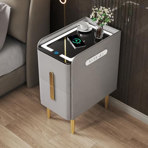 GAOzhenq Moderner LED-Nachttisch mit Schubladen, stilvoller Nachttisch zur Aufbewahrung im Schlafzimmer und Wohnzimmer, graues Finish, kompaktes 40 cm/15,7 Zoll-Design, Perfekter Möbelakzent. von GAOzhenq