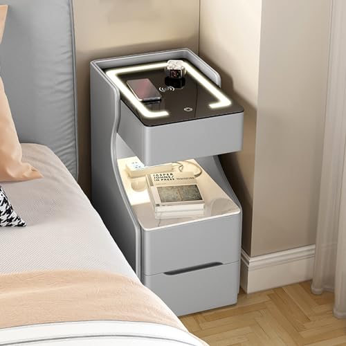 GAOzhenq Moderner Nachttisch mit Ladestation und LED-Leuchten – Nachttisch mit 3 Schubladen für Schlafzimmer und Wohnzimmer, Farbe Silber, kompaktes Design (11,8 x 11,8 Zoll) von GAOzhenq