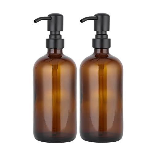 GAPPO Seifenspender Glas 2 Stück, Braunglas Seifenspender Dusche Pumpspender, Shampoo Duschgel Spender mit Schwarzer Edelstahlpumpe, Pumpflasche 500ml von GAPPO