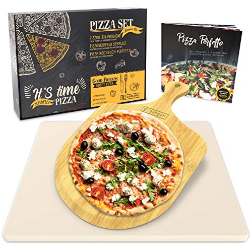 Garcon Pizzastein für Backofen und Gasgrill - Vergleichssieger 2019-3er Set inkl. Pizza Stone, Pizzaschieber & Kochbuch zum Pizza Backen von GARCON