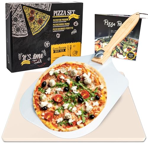 GARCON - Premium Pizzastein (eckig) für Backofen & Gasgrill - Vergleichssieger 2019-3er Set inkl. Pizza Stone, Pizzaschieber & Kochbuch zum Pizza Backen - Pizzaset ideal auch für Flammkuchen und Brot von GARCON