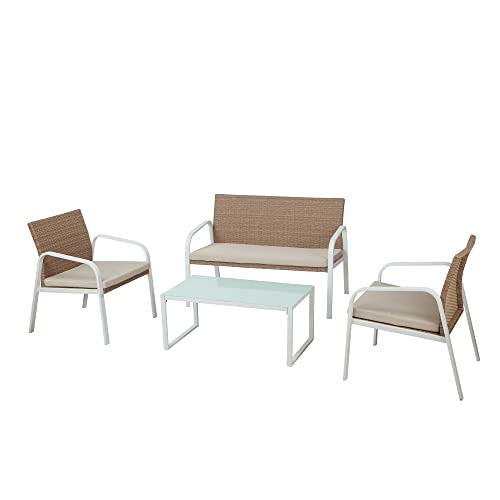 GARDEN FRIEND Madeira Lounge (2 Sessel, 1 Sofa, 1 Tisch) Farbe weiß, Polyrattanhonig, beige Kissen von VERDELOOK