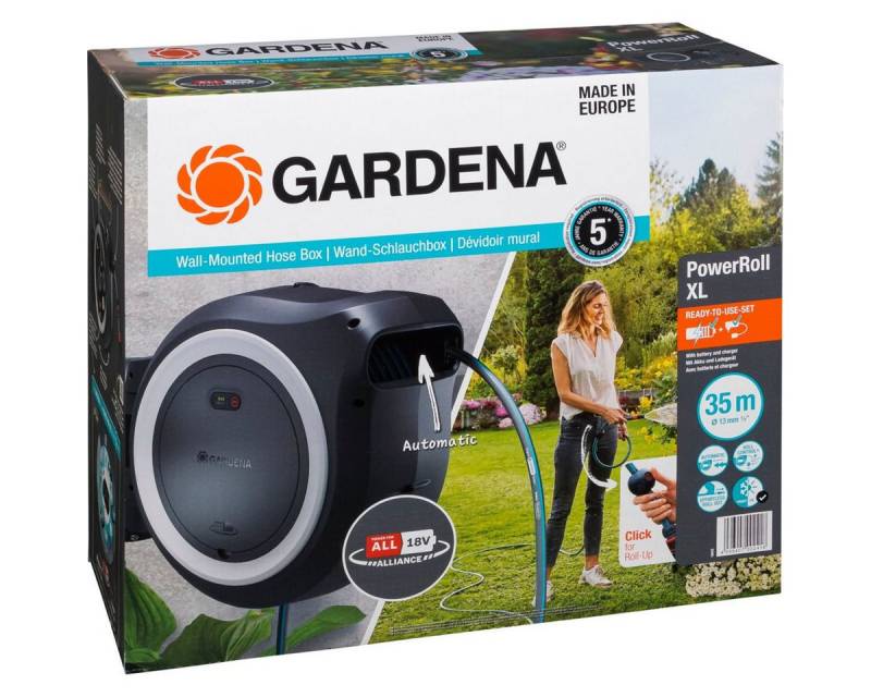 GARDENA Gartenschlauch Akku-Wand-Schlauchbox PowerRoll XL 18V Set 35 von GARDENA