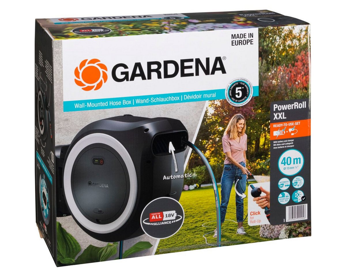 GARDENA Gartenschlauch Akku-Wand-Schlauchbox PowerRoll XXL 18V Set 40 m von GARDENA