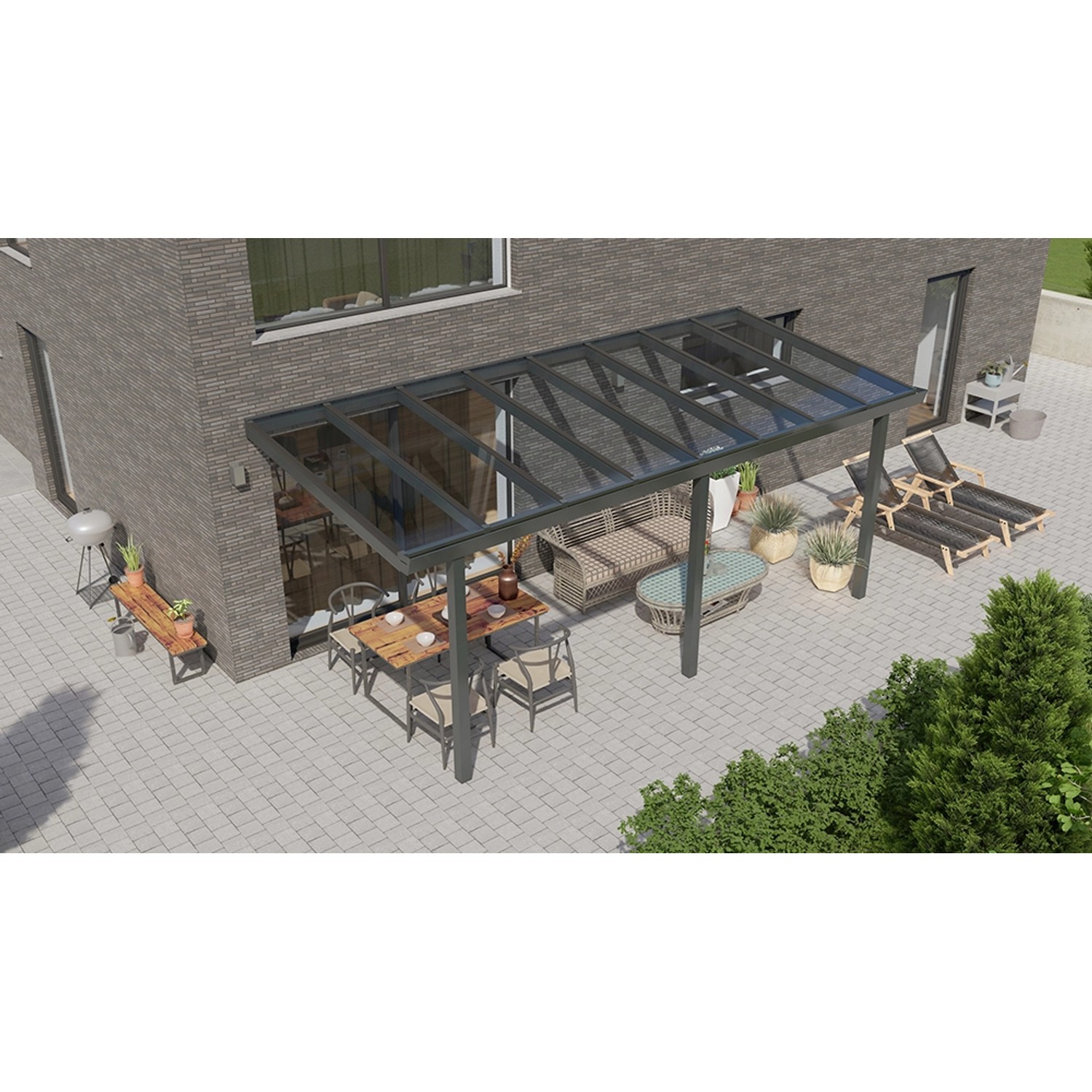 Terrassenüberdachung Basic 600 cm x 250 cm Anthrazit Glanz Glas von GARDENDREAMS