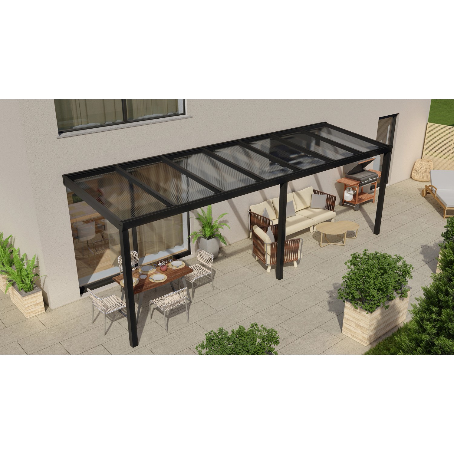 Terrassenüberdachung Professional 700 cm x 200 cm Schwarz Struktur PC Klar von GARDENDREAMS