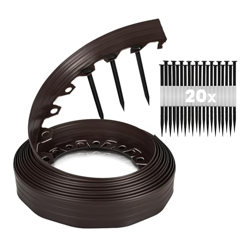 GARDENIX Flexible Rasenkante Kunststoff - Wetterbeständige Rasenabgrenzung Beeteinfassung Rund - Blumenbeet Umrandung - Braun, 10 m, 20 Erdanker, 10 cm Höhe von GARDENIX