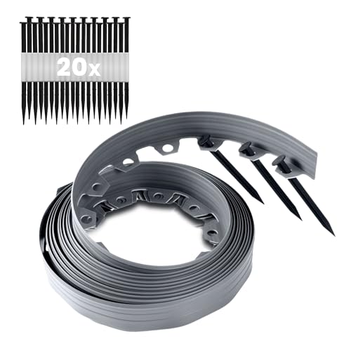 GARDENIX Flexible Rasenkante Kunststoff - Wetterbeständige Rasenabgrenzung Beeteinfassung Rund - Blumenbeet Umrandung - Grau, 10 m, 20 Erdanker, 10 cm Höhe von GARDENIX