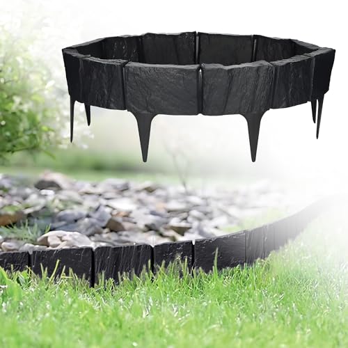 GARDENIX Stein Rasenkante Kunststoff - Beetumrandung Steinoptik, 3.9m Gartenpalisade, Beeteinfassung Anthrazit, 5 Module, UV-beständig Beetzaun, Gartenpalisade Vielseitig Einsetzbar von GARDENIX
