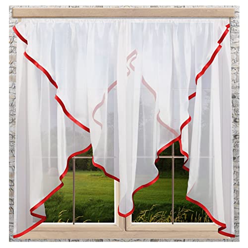 GARDINEN King Kuvertstore Marit Gardine aus weißem Voile mit Satinband in rot halbtransparente Fensterdekoration mit Reihband 140 x 300 cm von GARDINEN King