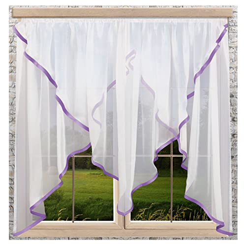 GARDINEN King Kuvertstore Marit Gardine aus weißem Voile mit Satinband in lila halbtransparente Fensterdekoration mit Reihband 140 x 300 cm von GARDINEN King