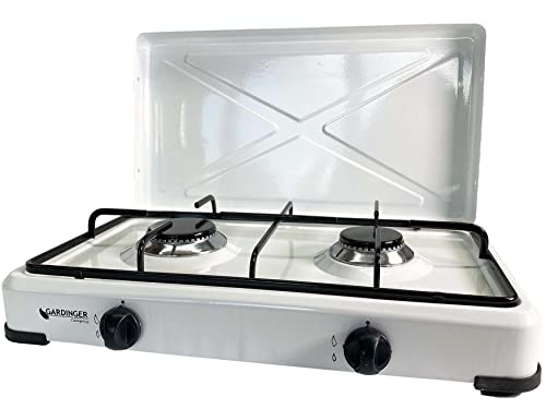 GARDINGER Campingkocher Duo weiß zweiflammig Propankocher Gaskocher Set mit Gasschlauch und Druckregler (mit Deckel) von GARDINGER