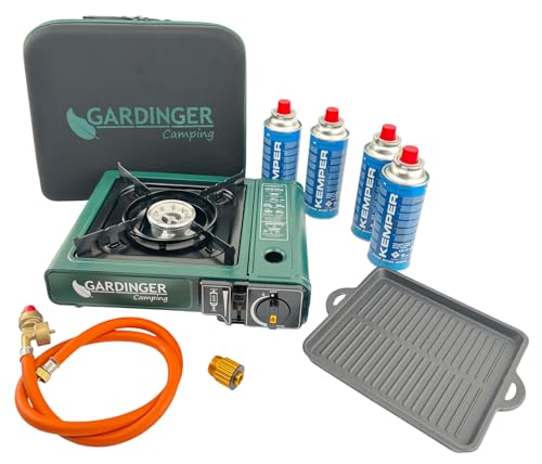 GARDINGER Gaskartuschenkocher CAMP Allgas Set mit Grillplatte und vier Kartuschen CP250 von GARDINGER